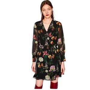 ZARA | Floral Print Long Sleeve Wrap Dress